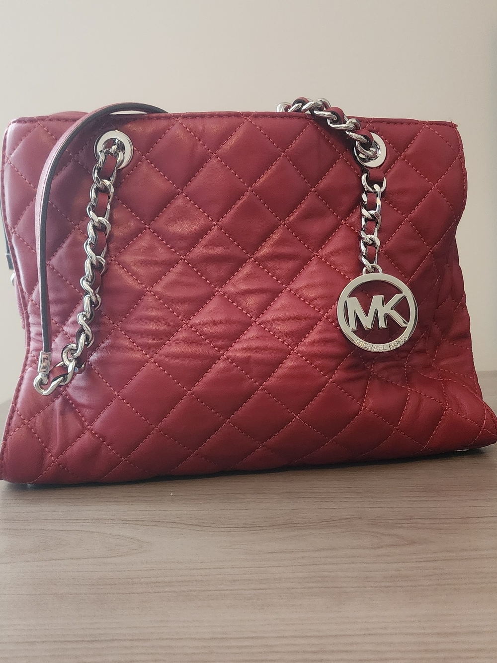 Michael Kors Quilted Red Shoulder Bag with Silver Chain